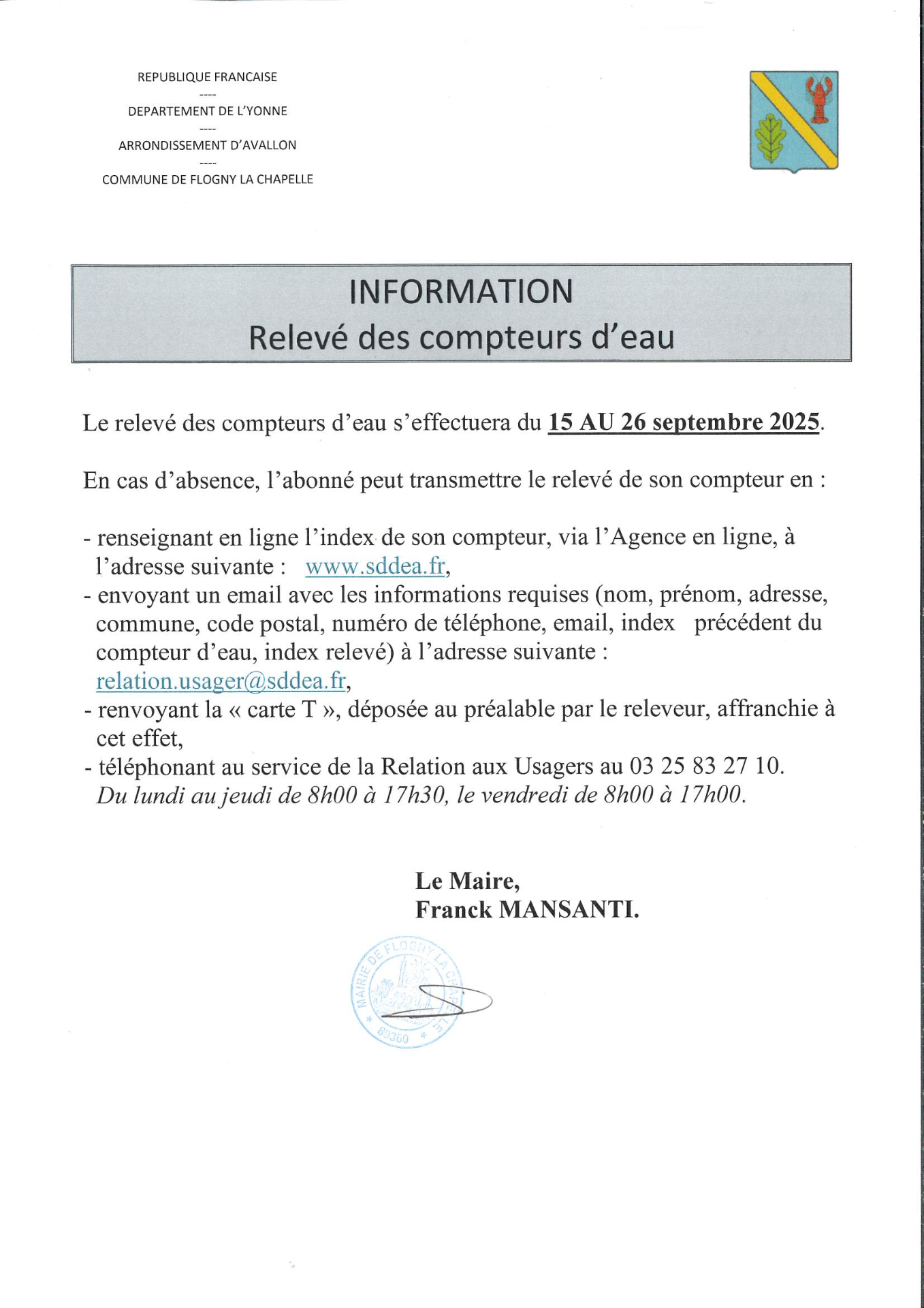 Relevé des compteurs d'eau du 15 au 26 septembre