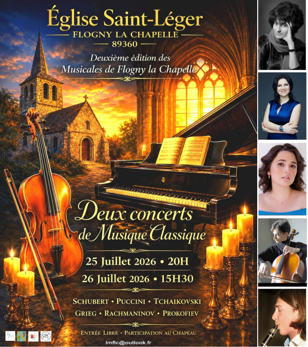 Concerts de musique classique à l'église St Léger de Flogny la Chapelle samedi 25/07 à 20h dimanche 26/07 à 15h30