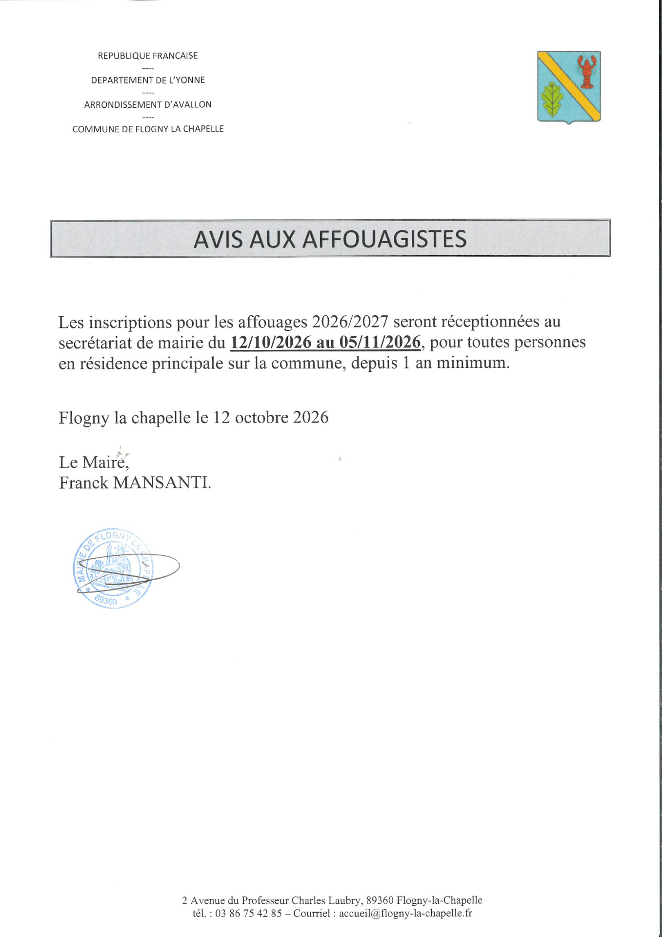 Inscription pour les affouages 2026/2027 (du 12/10/2026 au 05/11/2026)