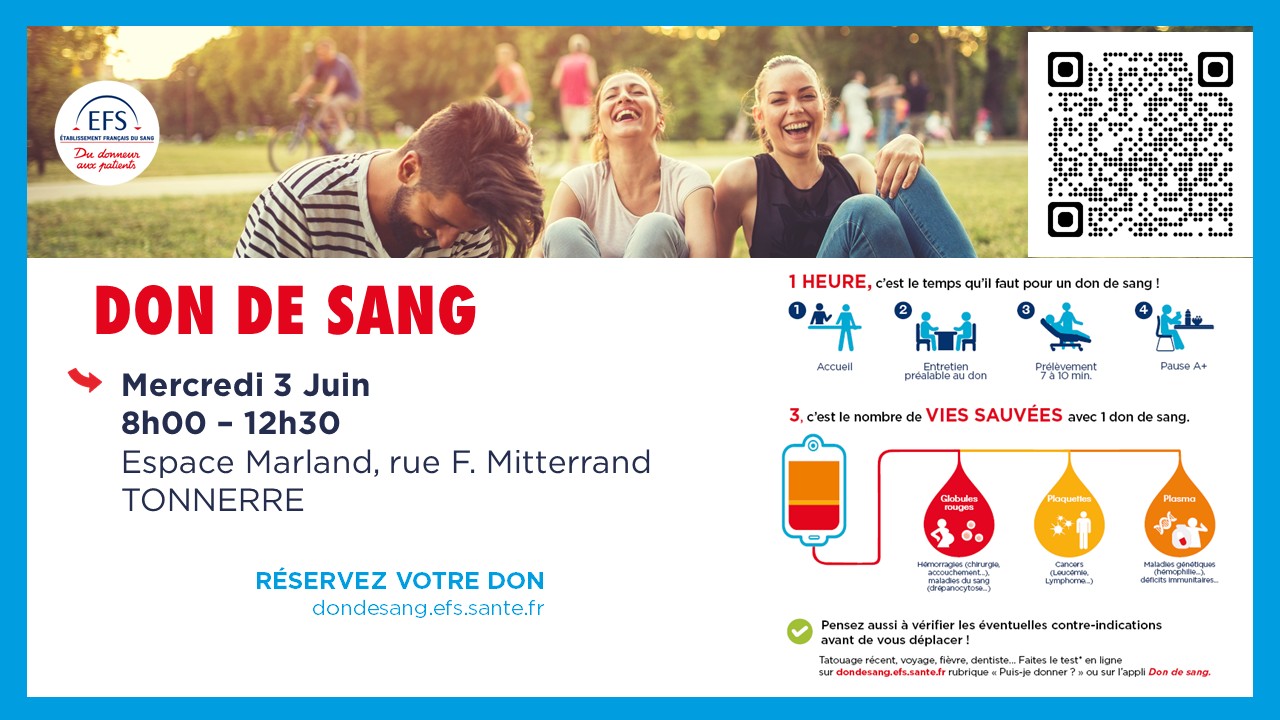 Don de sang le mercredi 3 juin de 8h à 12h30