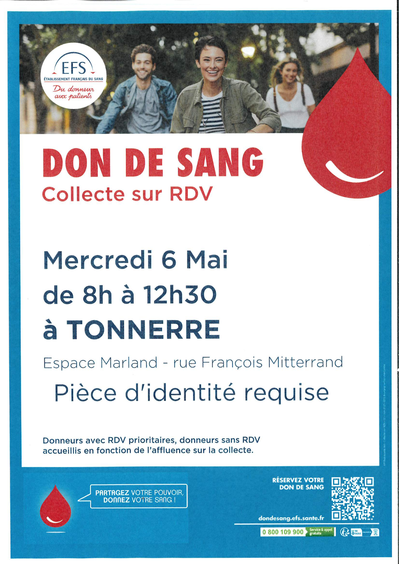 DON DE SANG le mercredi  6 mai, de 8h à 12h30